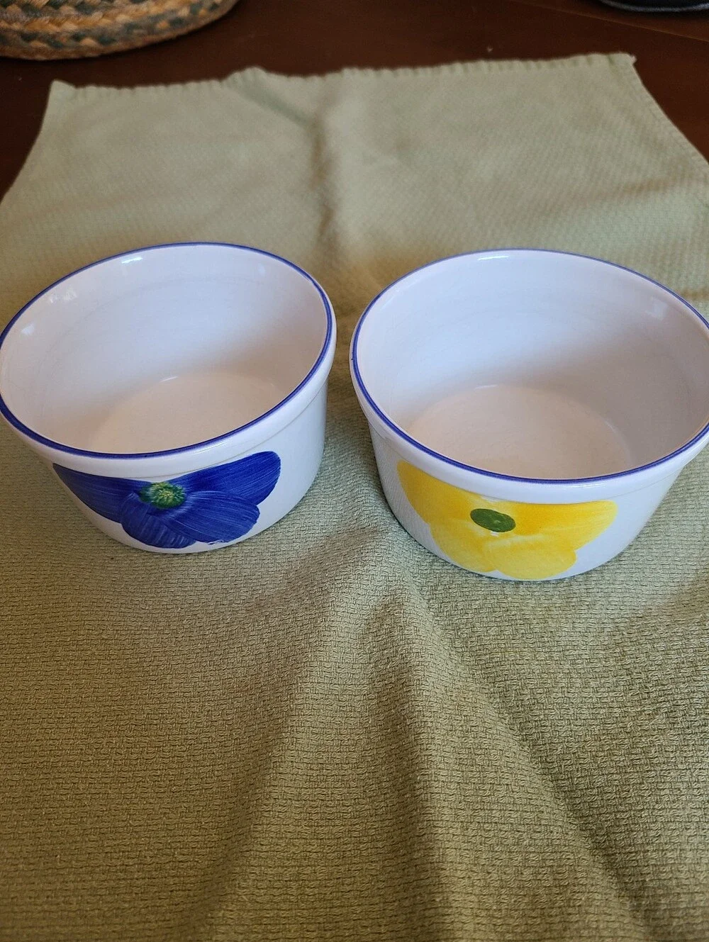 Vintage Maxam Italian Daisy Ramekins Portugal - Blue & Yellow - Set of 2